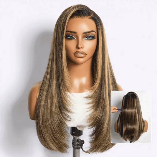 All-Day Comfort Wig 180% Density Blonde Highlight Butterfly Cut Layered Light Yaki Straight Glueless 7x6 Closure HD Lace Wig Pre-Cut Lace